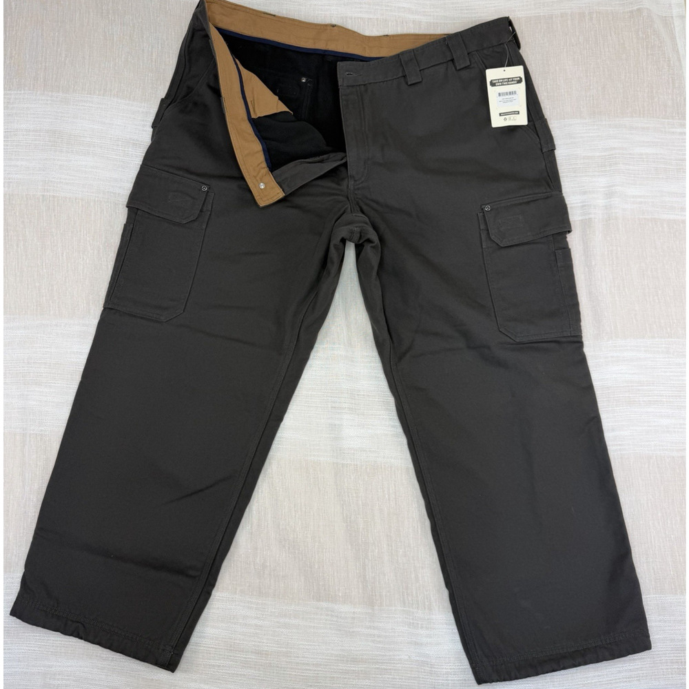 NWT Duluth Mens Fire Hose Fleece Lined Relaxed Fit Pants 46x30 Gray Cargo Canvas